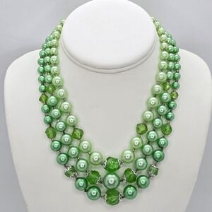 Vintage Faux Pearl Necklace 3 Strand With Silver tone Hong Kong ST Patrick's Day